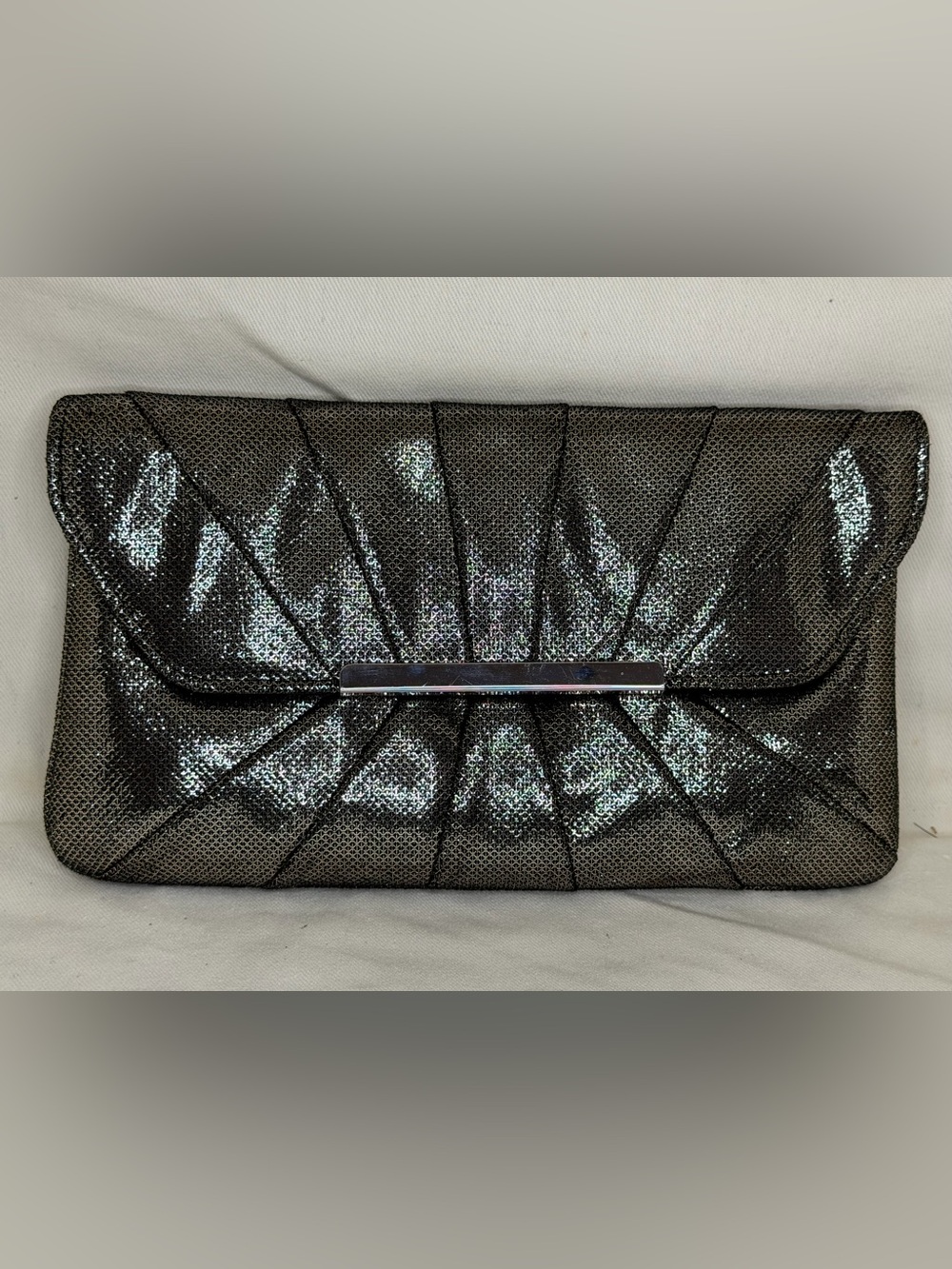 Kate Landry Black Silver Metallic Pleated Evening Clutch Chain Strap